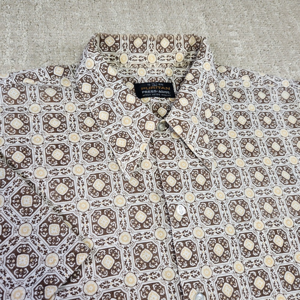 Vintage 70s Permanent Press Shirt Men Large Puritan Geometric Paisley Button Up